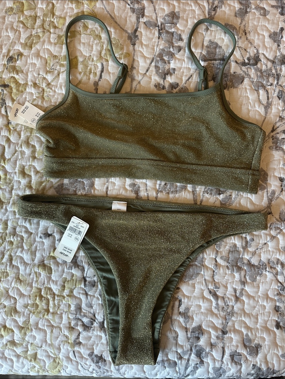 aerie Olive Green Shimmer Bikini Set - Bralette & High-Cut Bottoms